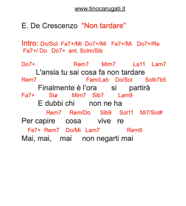 "NON TARDARE"  Eduardo De Crescenzo - Testo con Accordi