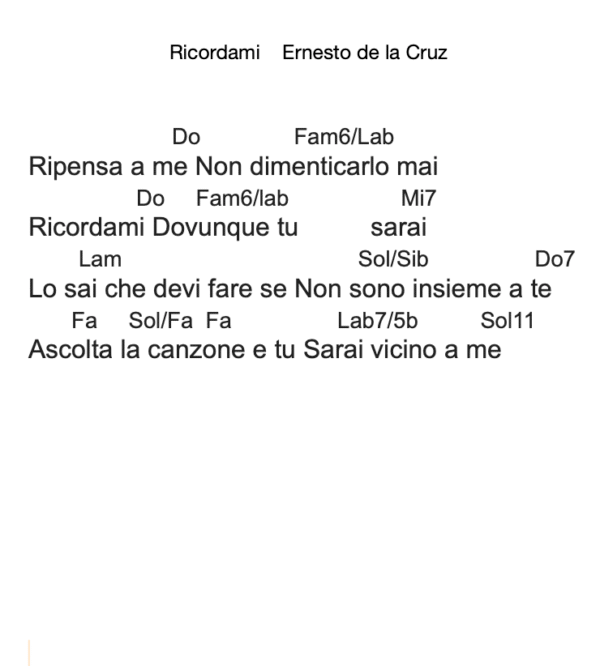 "RICORDAMI"  Ernesto de la Cruz - Testo con Accordi