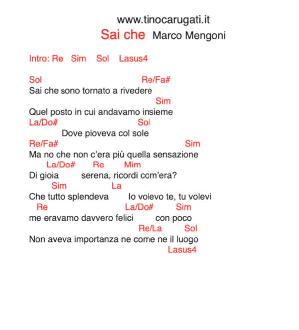 "SAI CHE"  Marco Mengoni - Testo con Accordi