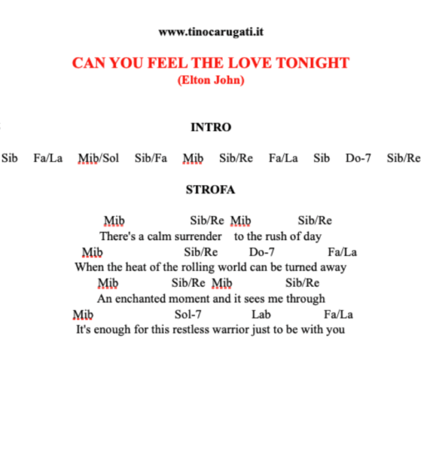 "CAN YOU FEEL THE LOVE TONIGHT" Elton John - Testo con Accordi