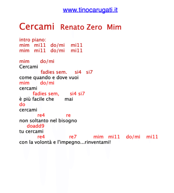 "CERCAMI" Renato Zero - Testo con Accordi