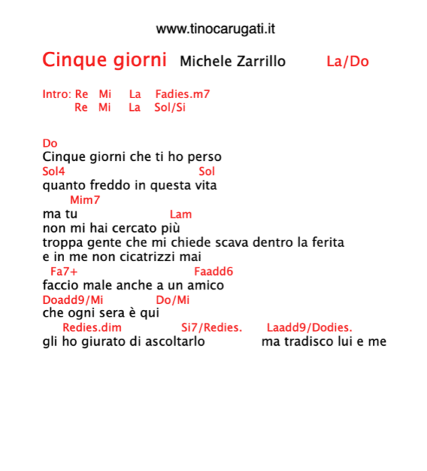 "CINQUE GIORNI" Michele Zarrillo - Testo con Accordi