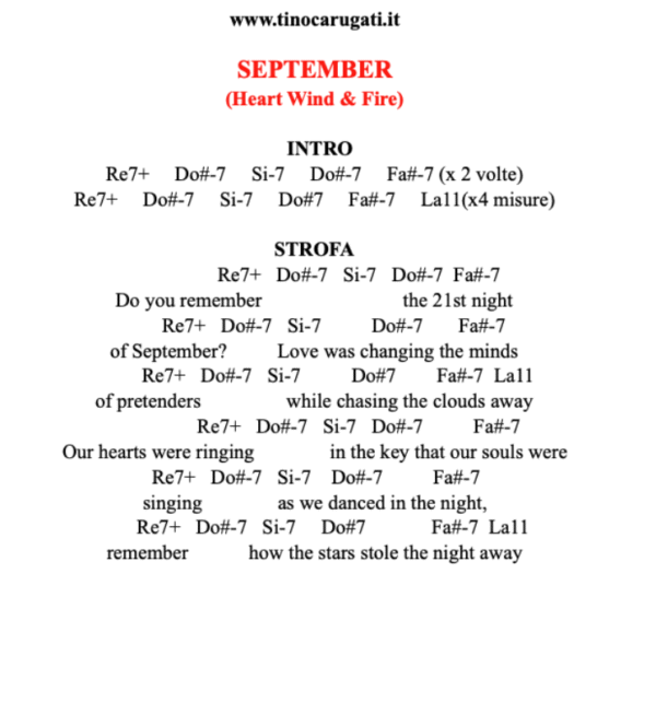 "SEPTEMBER" - Earth Wind and Fire - Testo con Accordi