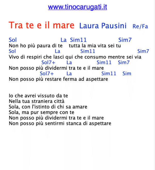 "TRA TE E IL MARE"  Laura Pausini - Testo con Accordi