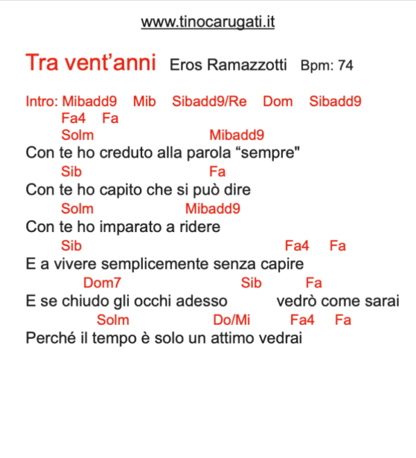 "TRA VENT'ANNI"  Eros Ramazzotti - Testo con Accordi
