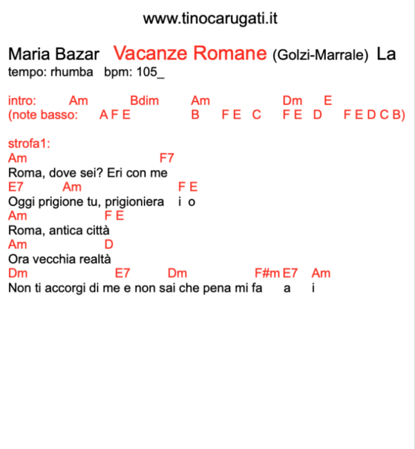 "Vacanze Romane"  Matia Bazar - Testo con Accordi