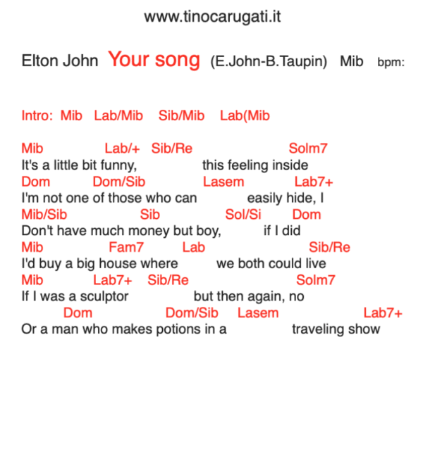 "YOUR SONG"  Elton John - Testo con Accordi