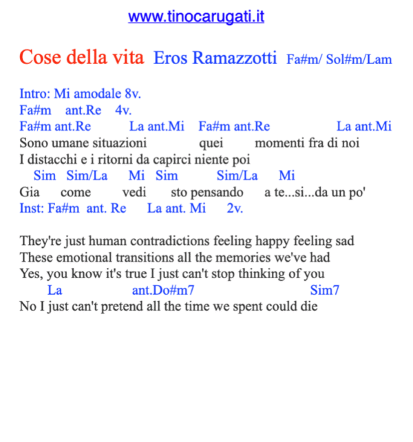 "COSE DELLA VITA"  Eros Ramazzotti - Testo con Accordi