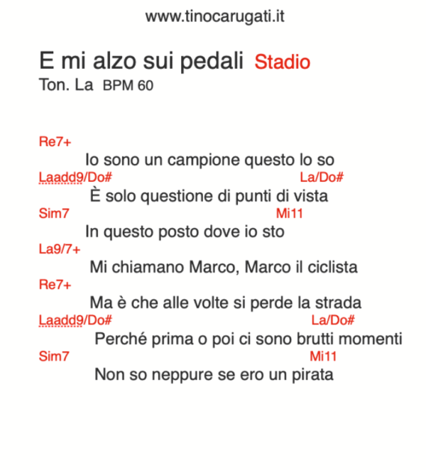 "E MI ALZO SUI PEDALI"  Stadio - Testo con Accordi