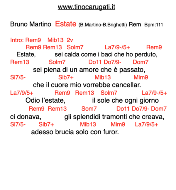 "ESTATE"  Bruno Martino - Testo con Accordi