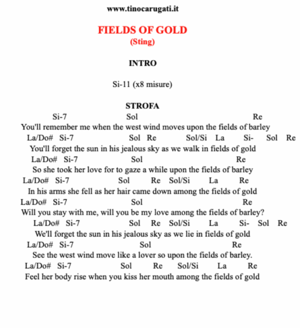 "FIELDS OF GOLD"  Sting - Testo con Accordi