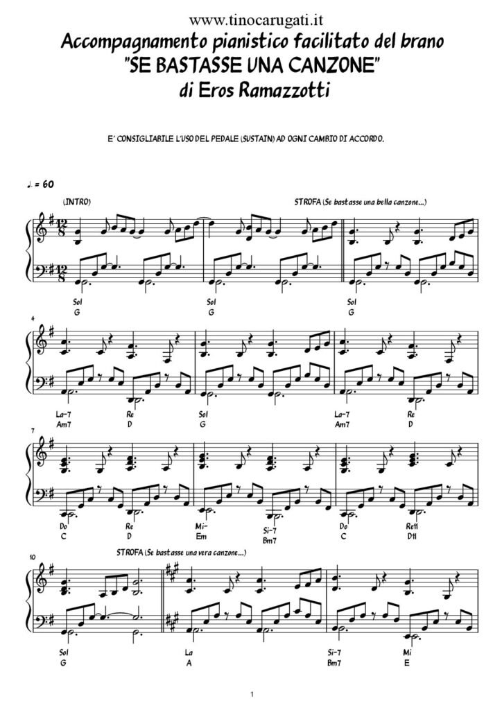 Spartito Pianoforte  "SE BASTASSE UNA CANZONE"  Eros Ramazzotti