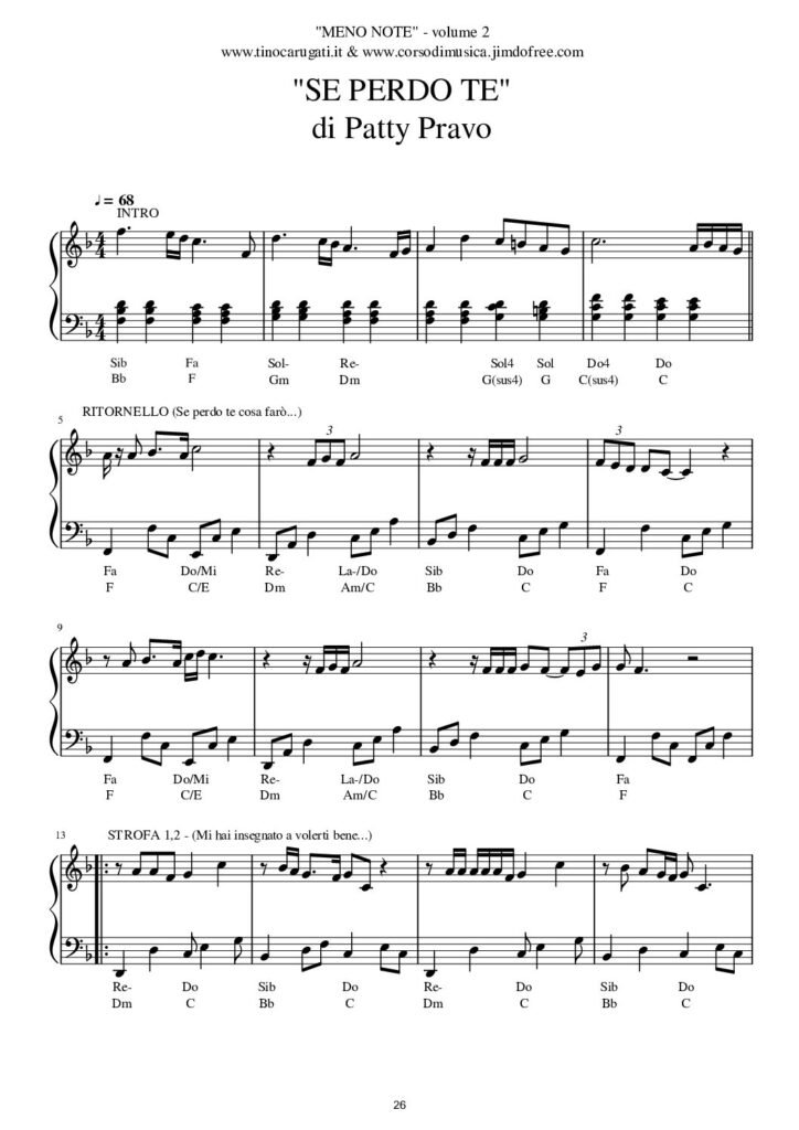 Spartito Pianoforte  "SE PERDO TE"  Patty Pravo - In pianismo melodico facilitato