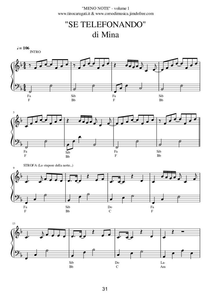 Spartito Pianoforte in pianismo melodico facilitato "SE TELEFONANDO" Mina