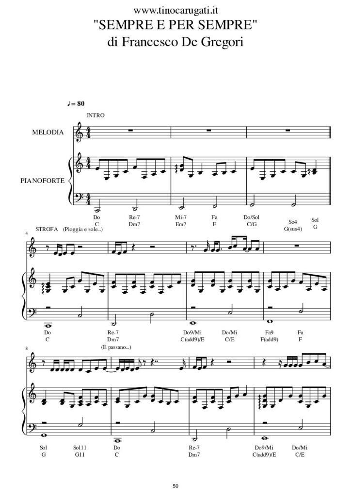 Spartito Pianoforte  "SEMPRE E PER SEMPRE"  Francesco De Gregori - Accompagnamento + melodia