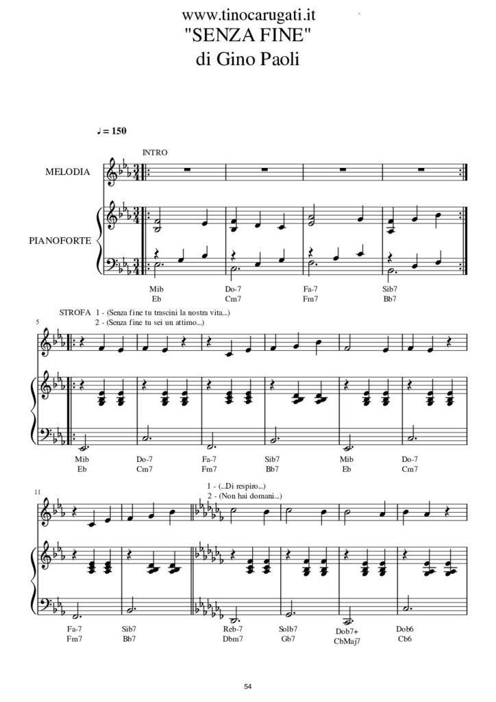 Spartito Pianoforte  "SENZA FINE"  Gino Paoli - Accompagnamento + melodia