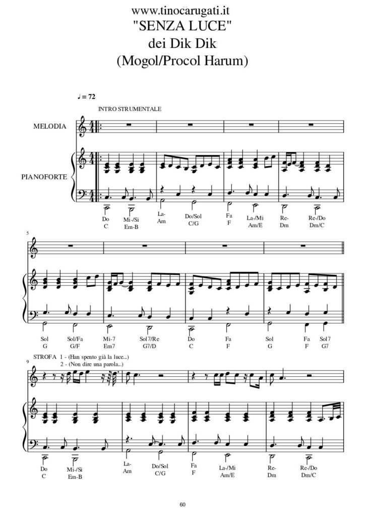 Spartito Pianoforte  "SENZA LUCE"  Dik Dik - Accompagnamento + melodia