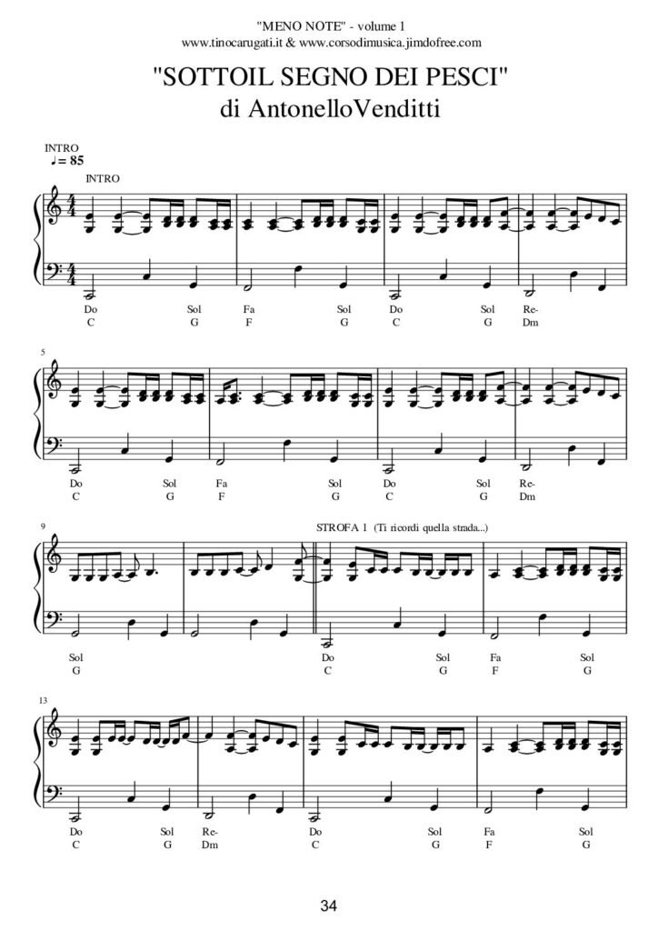 Spartito Pianoforte  "SOTTO IL SEGNO DEI PESCI"  Antonello Venditti - In pianismo melodico facilitato