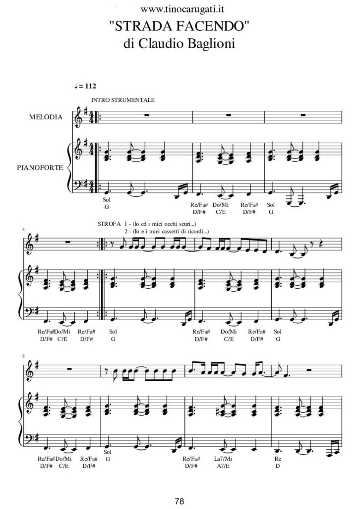 Spartito Pianoforte "STRADA FACENDO" Claudio Baglioni - Accompagnamento + melodia
