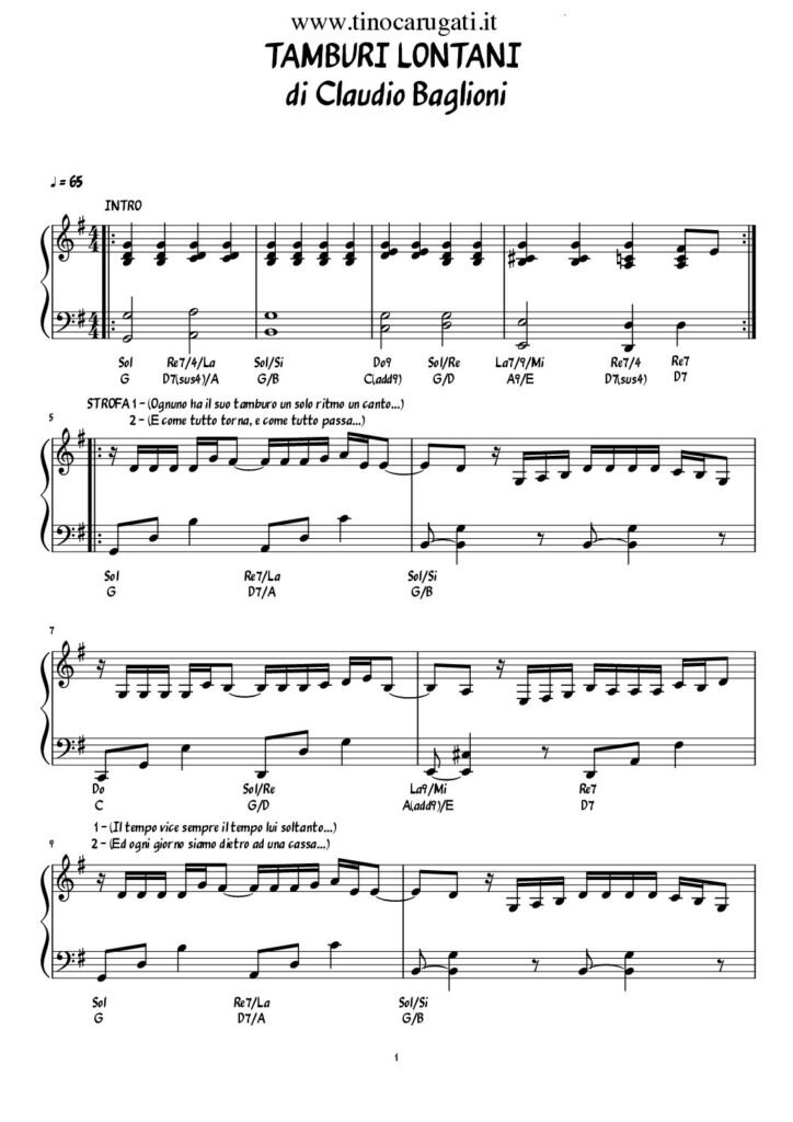 Spartito Pianoforte "TAMBURI LONTANI" Claudio Baglioni (in Sol, Pianismo melodico)