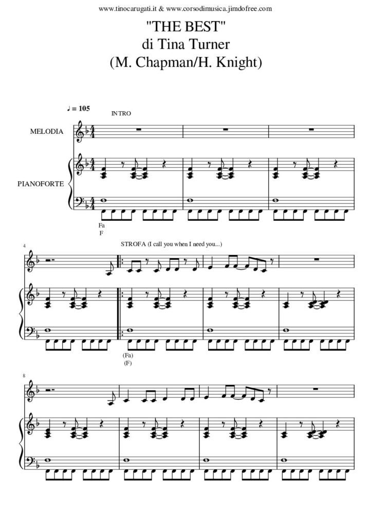 Spartito Pianoforte "THE BEST" Tina Turner - Accompagnamento + melodia