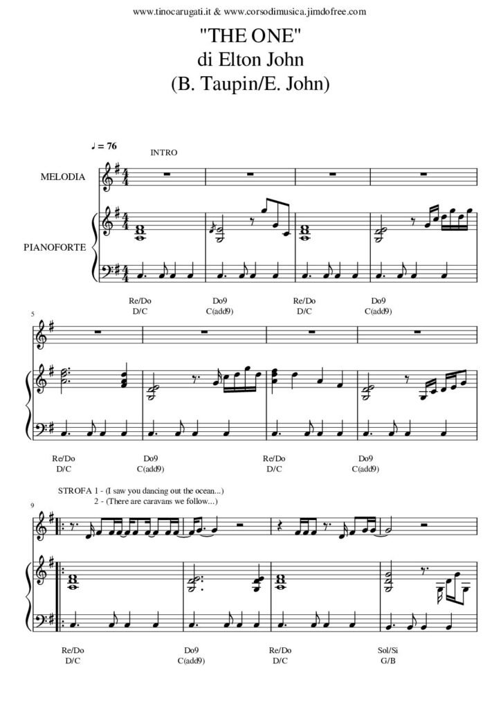 Spartito Pianoforte "THE ONE" Elton John - Accompagnamento + melodia