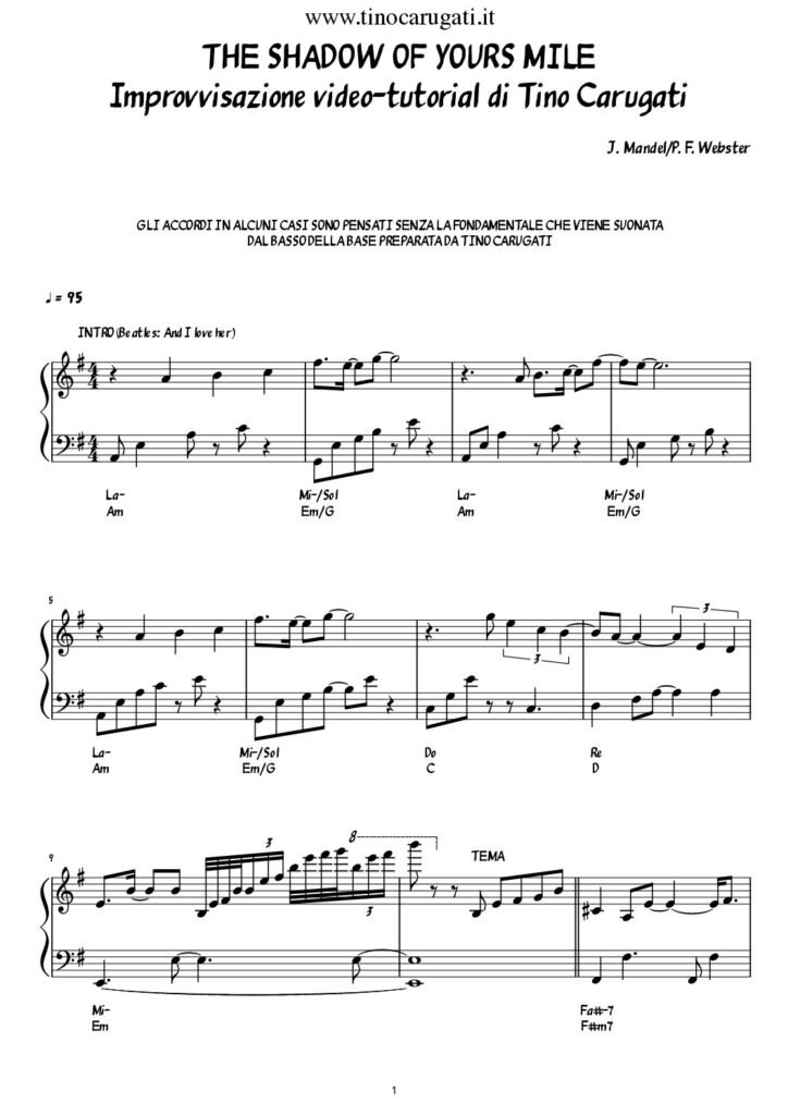 Spartito Pianoforte "THE SHADOW OF YOUR SMILE"
