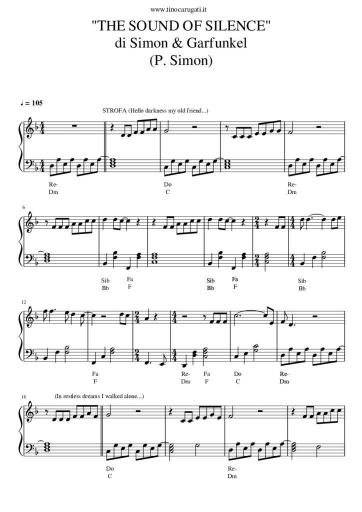 Spartito Pianoforte "THE SOUND OF SILENCE" Simon & Garfunkel - In pianismo melodico facilitato