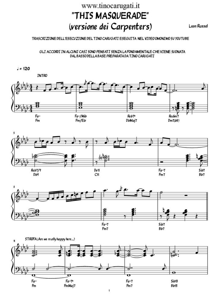 Spartito Pianoforte "THIS MASQUERADE" Leon Russell - Jazz Piano Standard