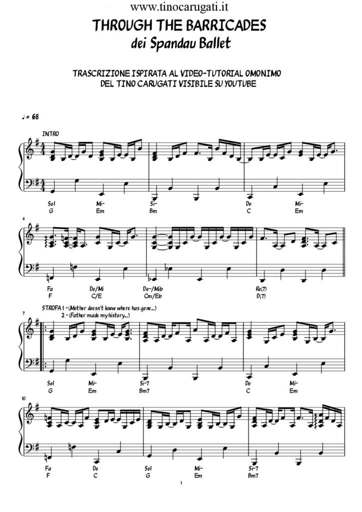 Spartito Pianoforte "THROUGH THE BARRICADES" Spandau Ballet