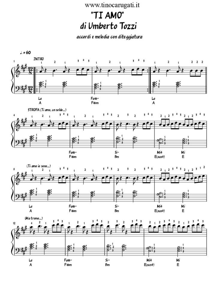 Spartito pianoforte "TI AMO" Umberto Tozzi - Accordi e melodia