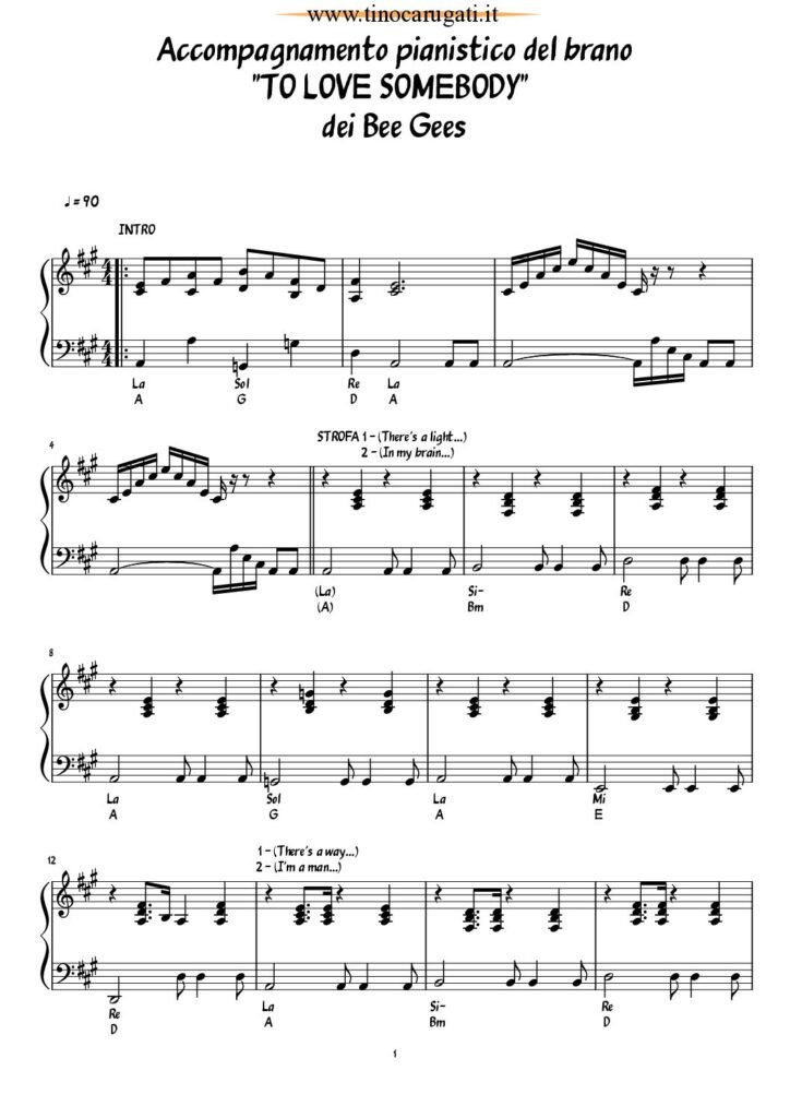 Spartito Pianoforte "TO LOVE SOMEBODY" Bee Gees