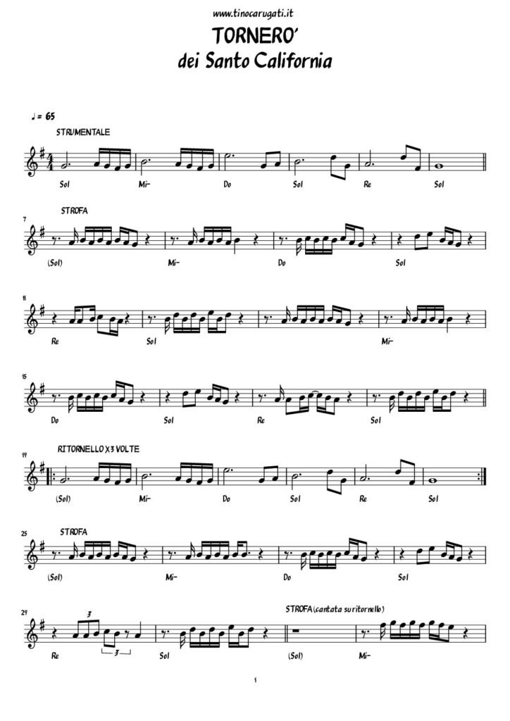 Spartito Pianoforte "TORNERO'" Santo California - Melodia + accordi