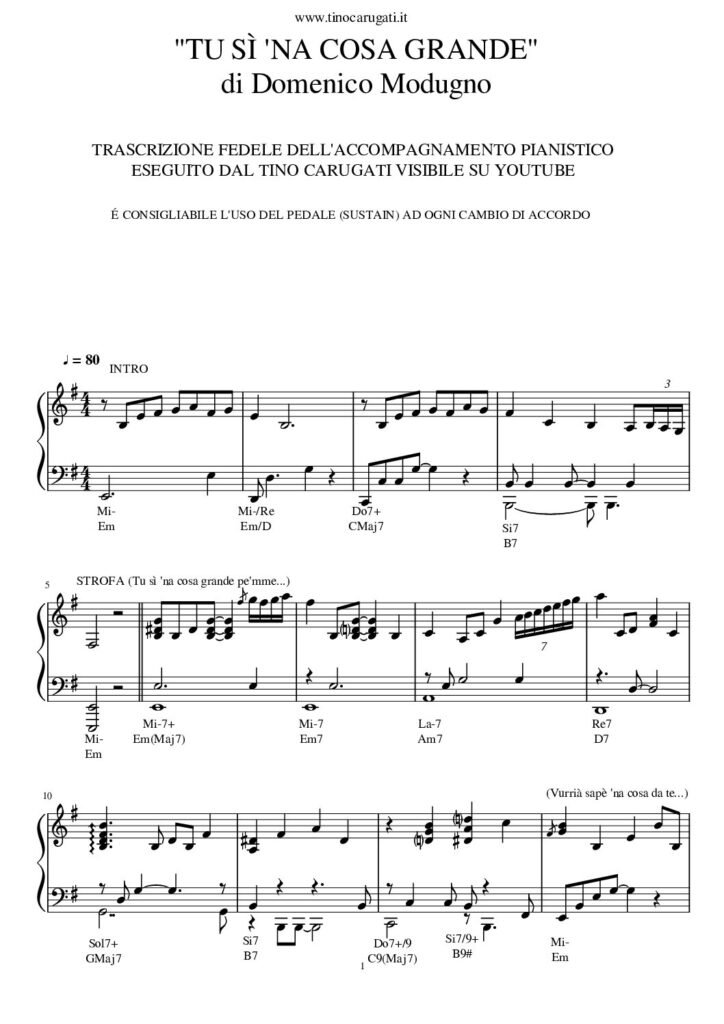 Spartito Pianoforte "TU SI' 'NA COSA GRANDE" Domenico Modugno