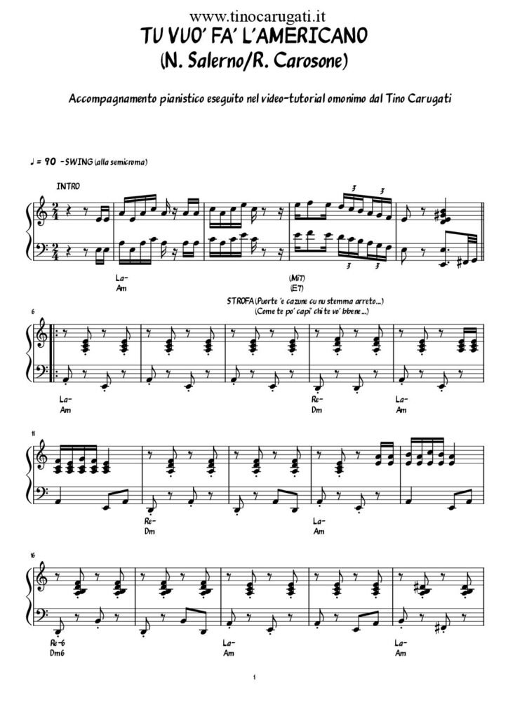 Spartito Pianoforte "TU VUO' FA' L'AMERICANO" Renato Carosone