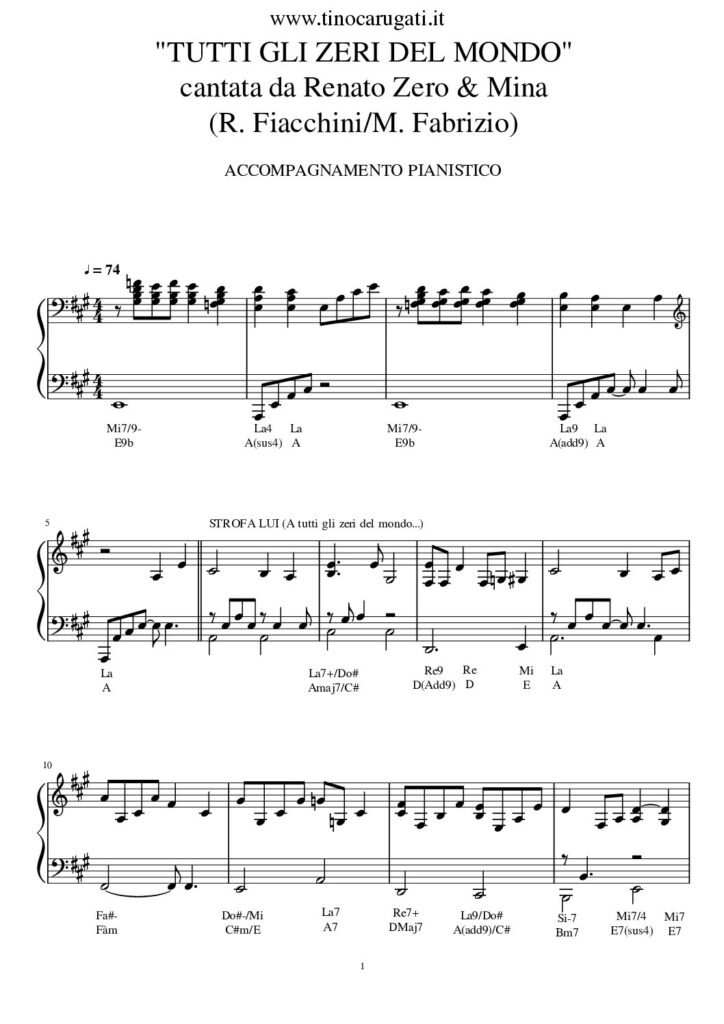 Spartito Pianoforte "TUTTI GLI ZERI DEL MONDO" Renato Zero & Mina