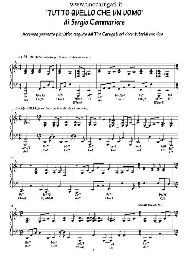Spartito Pianoforte "TUTTO QUELLO CHE UN UOMO" Sergio Cammariere - In Lam