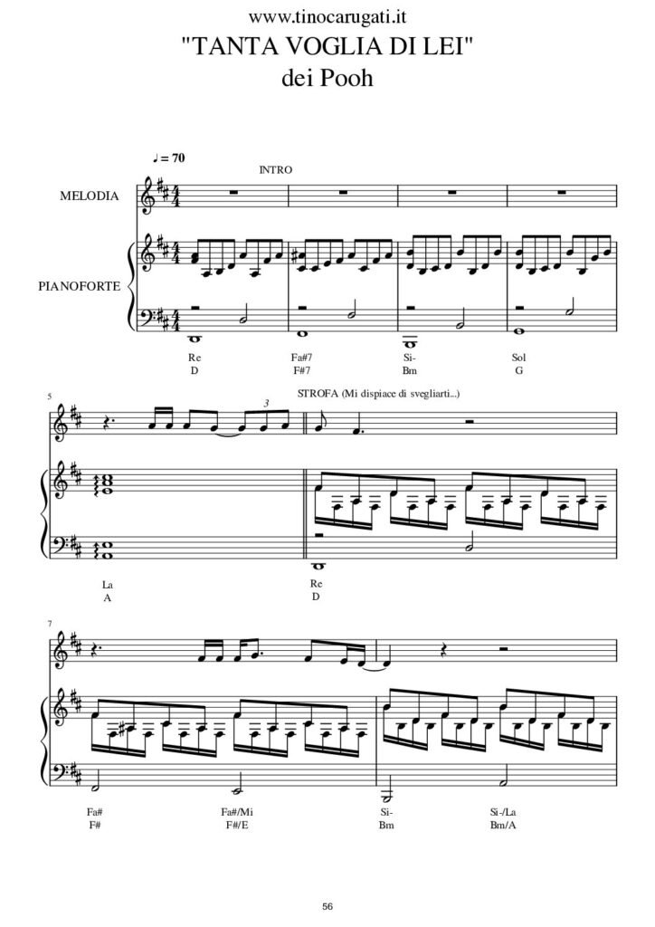 Spartito Pianoforte "TANTA VOGLIA DI LEI" Pooh - Accompagnamento + melodia