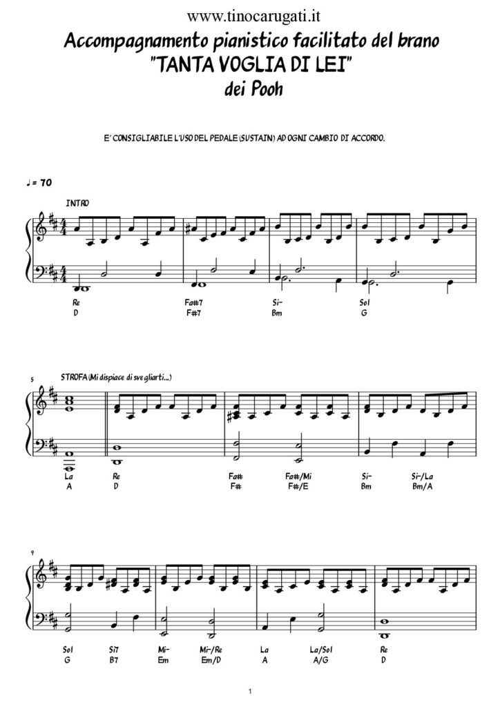 Spartito Pianoforte "TANTA VOGLIA DI LEI" Pooh