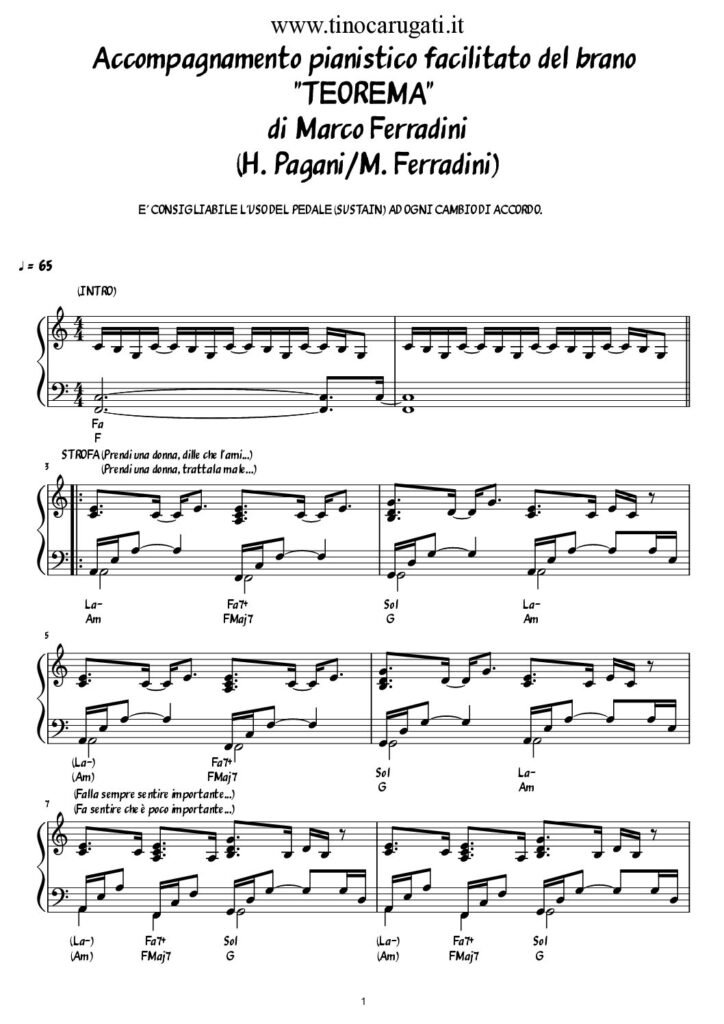 Spartito Pianoforte "TEOREMA" Marco Ferradini - Accompagnamento facilitato