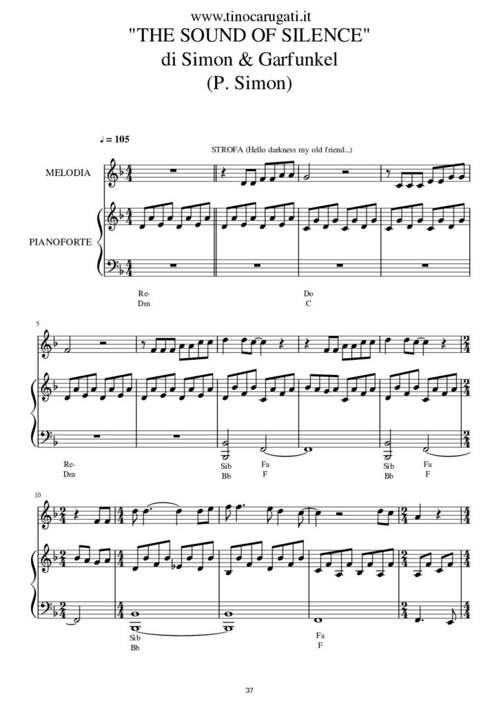 Spartito Pianoforte "THE SOUND OF SILENCE" Simon and Garfunkel - Accompagnamento + melodia