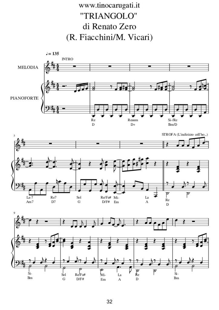 Spartito Pianoforte "TRIANGOLO" Renato Zero - Accompagnamento + melodia