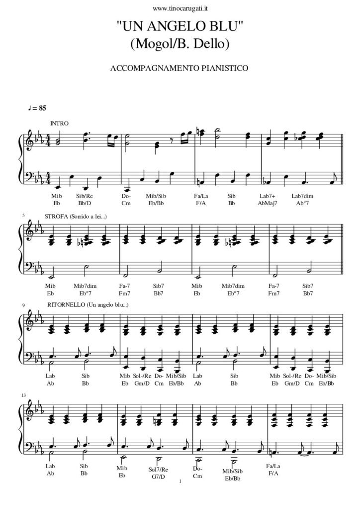 Spartito Pianoforte "UN ANGELO BLU" Equipe 84