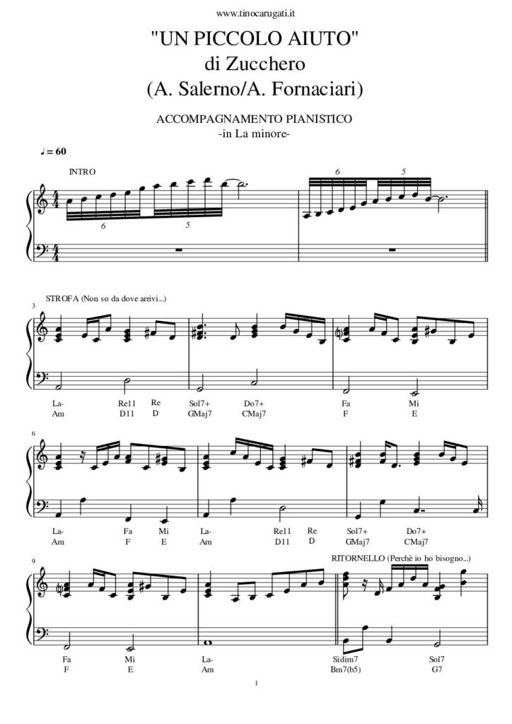 Spartito Pianoforte "UN PICCOLO AIUTO" Zucchero - In Lam