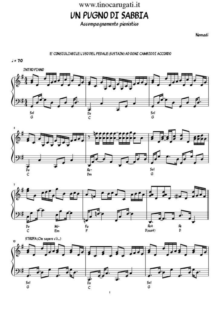 Spartito Pianoforte "UN PUGNO DI SABBIA" Nomadi