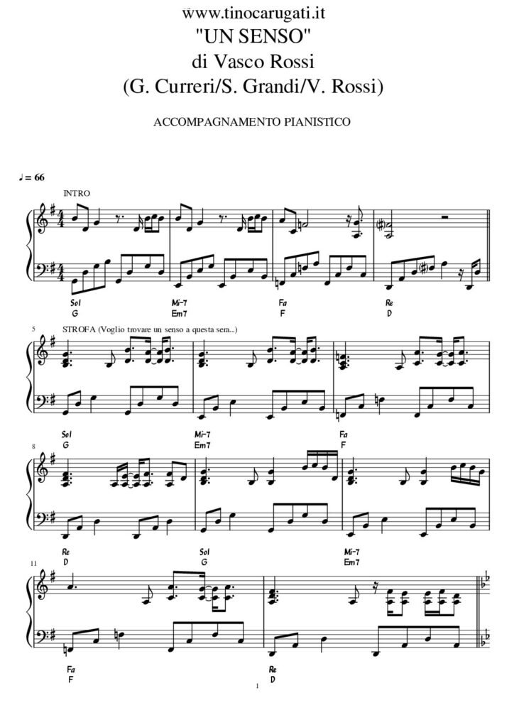 Spartito Pianoforte "UN SENSO" Vasco Rossi - Accompagnamento pianistico