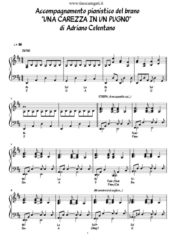 Spartito Pianoforte "UNA CAREZZA IN UN PUGNO" Adriano Celentano