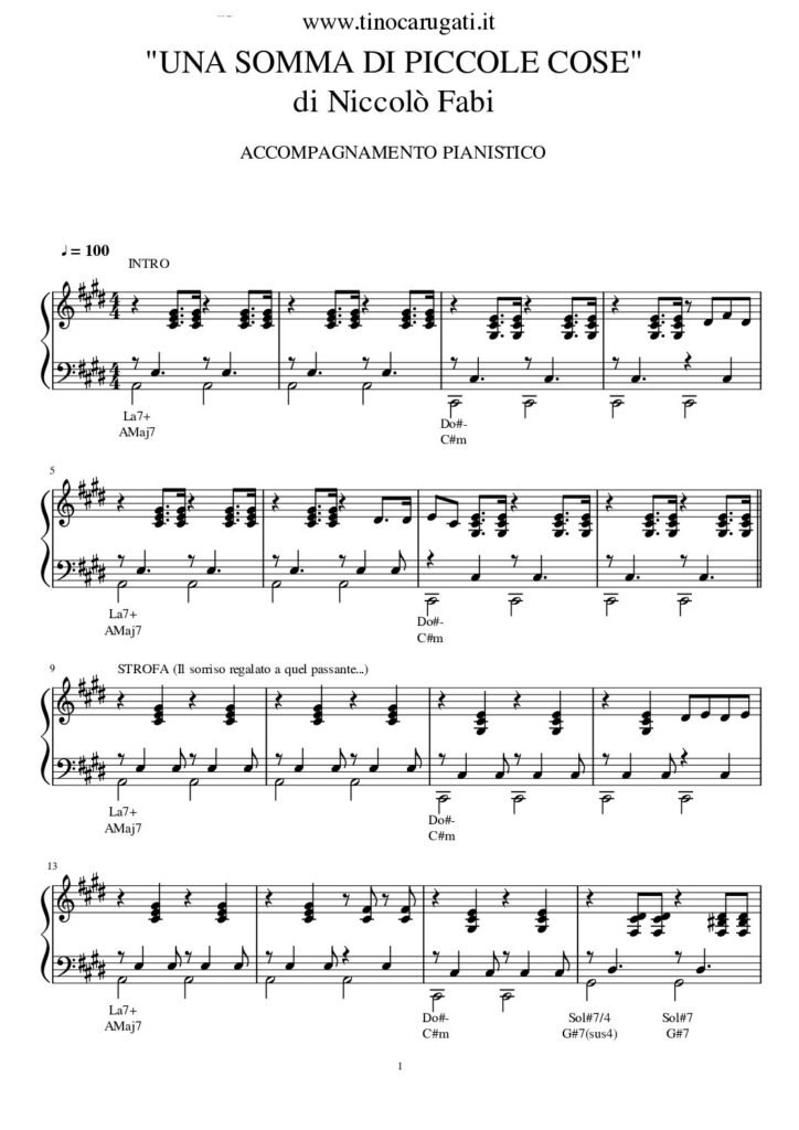 Spartito Pianoforte "UNA SOMMA DI PICCOLE COSE" Niccolò Fabi