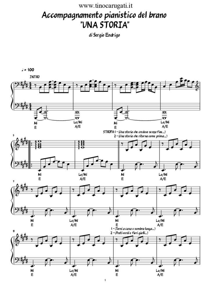 Spartito Pianoforte "UNA STORIA" Sergio Endrigo