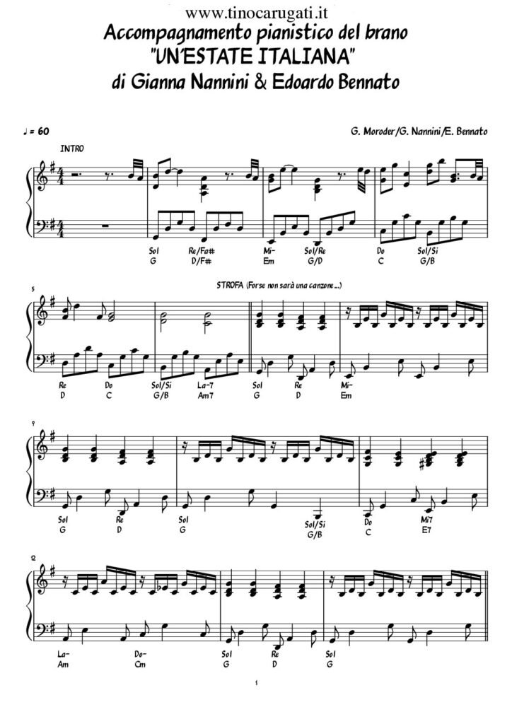 Spartito Pianoforte "UN' ESTATE ITALIANA" Edoardo Bennato & Gianna Nannini